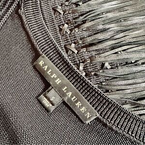 Ralph Lauren Black Lamb Leather-Fringe Silk Knit Sheath Dress
